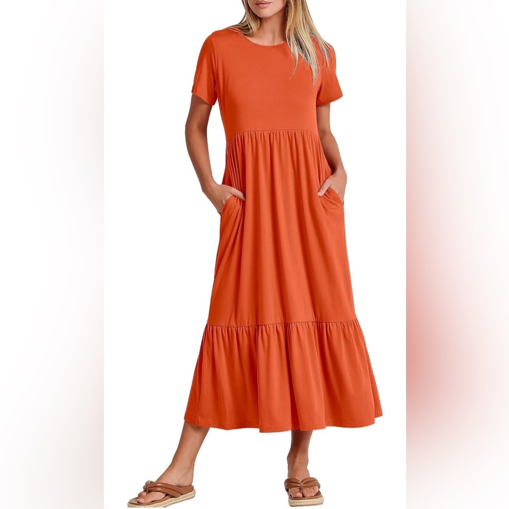 Casual A-Line Tiered Short-Sleeve Round Neck Maxi Dress / Orange / Medium